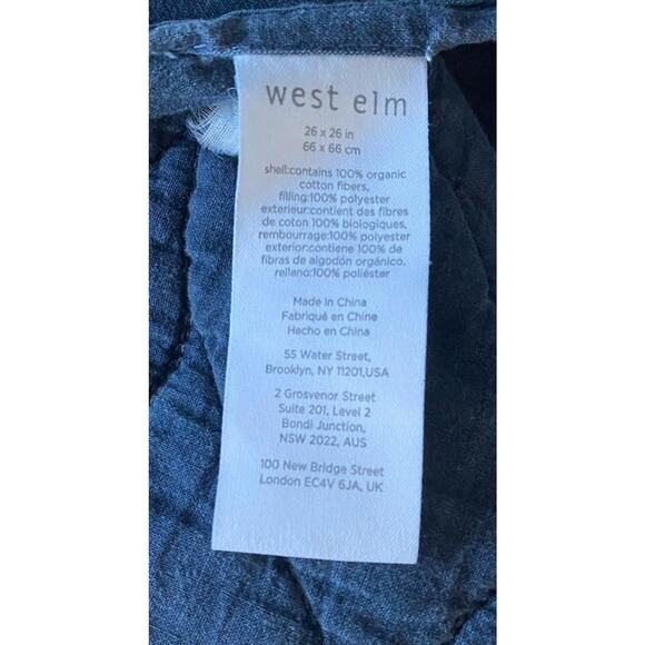 Pair West Elm Euro Sham Quilted Brushed Denim Blue Cotton 26"squ. Envelope Back - Picture 4 of 5